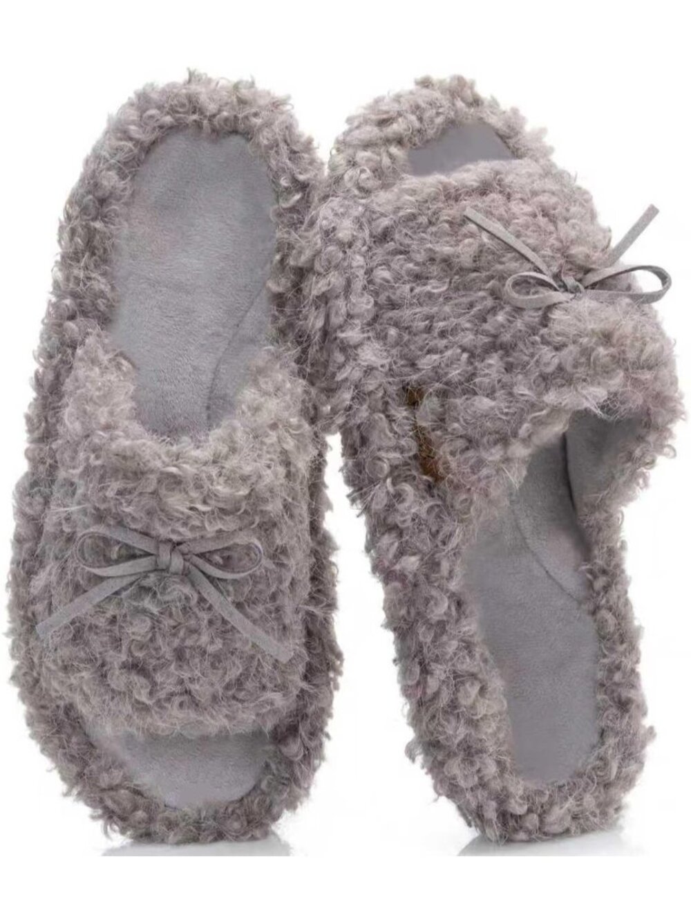 Women Fuzzy Light Grey Open Toe Bow Knot Double Strap Memory Foam Indoor Slipper